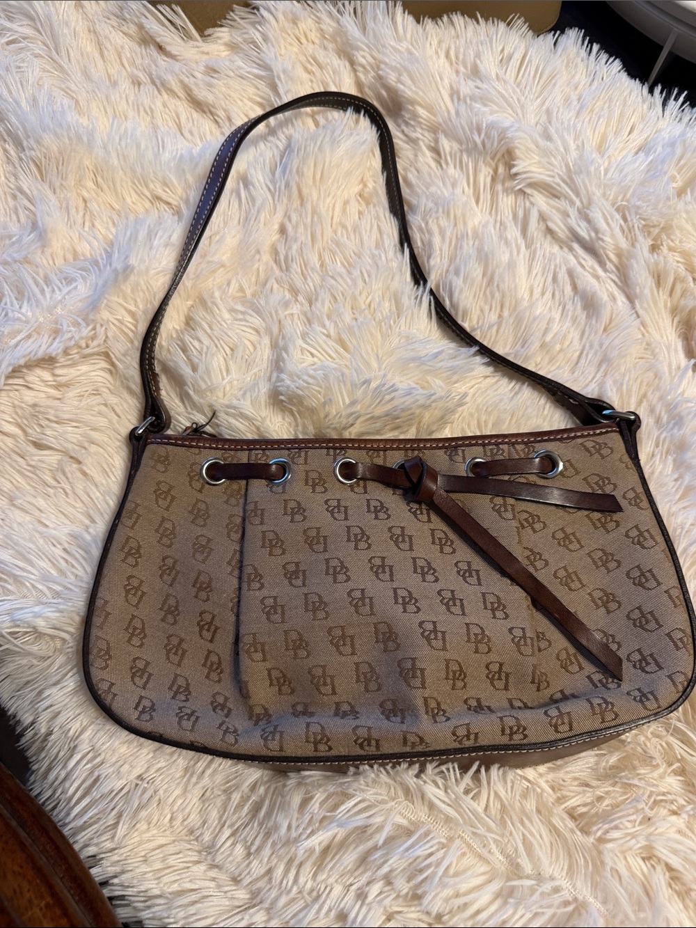 Dooney & Bourke Brown Logo-Print Shoulder Bag with Bow Detail